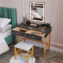 Cheap ⭐ Alexent LED Wood Makeup Vanity Desk Set With Rectangle Mirror In Marble Black ❤️ -Living Room Sales Shop 2517313 9 L