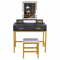 Cheap ⭐ Alexent LED Wood Makeup Vanity Desk Set With Rectangle Mirror In Marble Black ❤️
