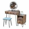 New 💯 Alexent Wood Makeup Vanity Desk Set With Round Mirror & Storage Cabinet In Brown 🧨