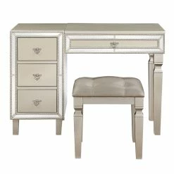 Best deal ✔️ Poundex Wooden Makeup Vanity Set With Lift-up Mirror And Stool - Silver 🛒