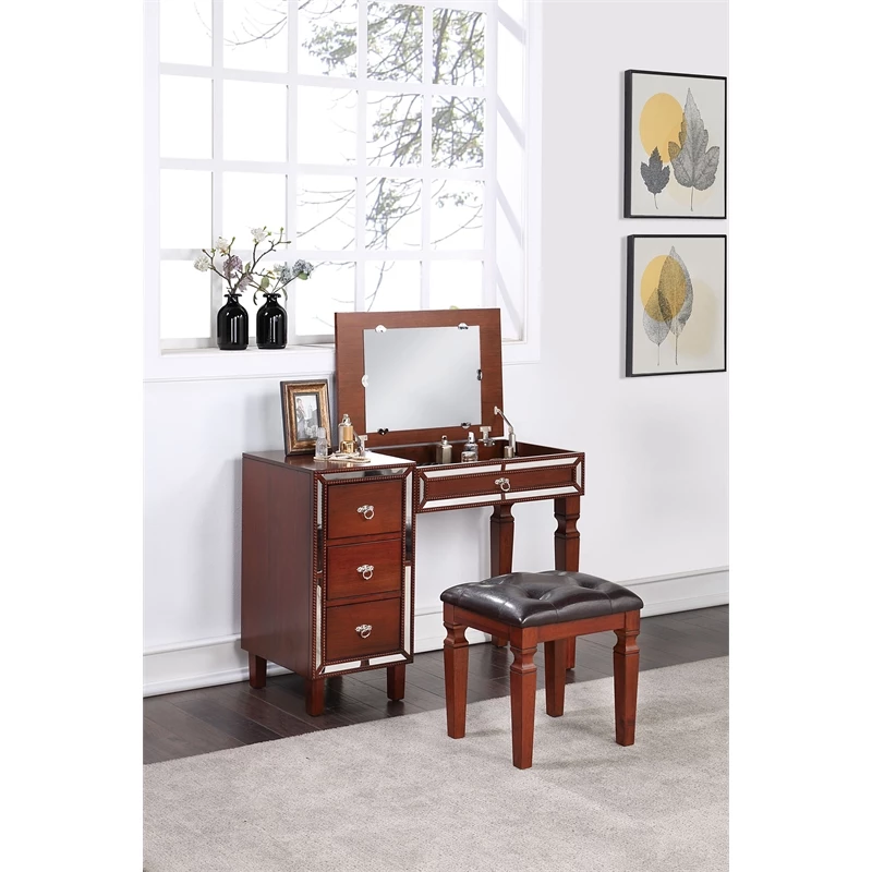 Wholesale ๐ Poundex Wooden Makeup Vanity Set With Lift-up Mirror And Stool - Cherry โค๏ธ 6 Wholesale ๐ Poundex Wooden Makeup Vanity Set With Lift-up Mirror And Stool - Cherry โค๏ธ - Image 4