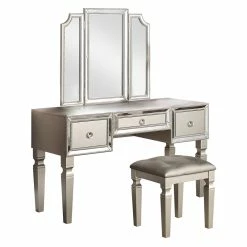 Cheap 🎁 Poundex Wooden Makeup Vanity Set With Tri-fold Mirror And Stool - Silver 🧨
