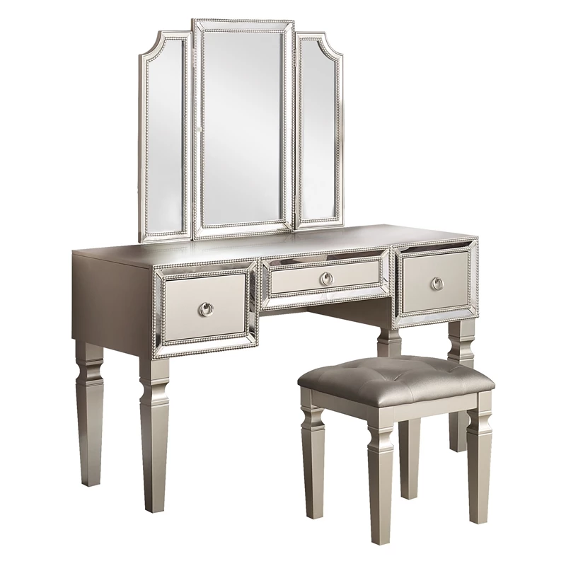 Cheap ๐ Poundex Wooden Makeup Vanity Set With Tri-fold Mirror And Stool - Silver ๐งจ 3 Cheap ๐ Poundex Wooden Makeup Vanity Set With Tri-fold Mirror And Stool - Silver ๐งจ