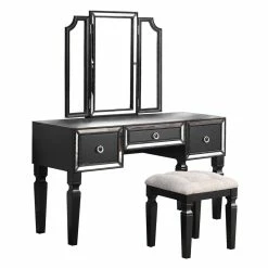 Wholesale ๐ฏ Poundex Wooden Makeup Vanity Set With Tri-fold Mirror And Stool - Black ๐ฏ