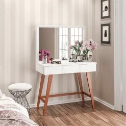 New ❤️ Boahaus Alice 3-Drawer Modern Wood 👗 Dressing Table With Mirror In White 👏 -Living Room Sales Shop 2552934 3 L