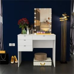 Coupon ✨ Boahaus Camilla 4-Drawer Modern Wood Vanity With LED Light Bulbs In White 🌟 -Living Room Sales Shop 2552942 1 L