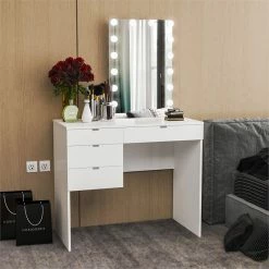 Coupon ✨ Boahaus Camilla 4-Drawer Modern Wood Vanity With LED Light Bulbs In White 🌟 -Living Room Sales Shop 2552942 2 L