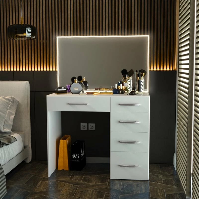 Coupon 🤩 Boahaus Gaia 5-Drawer Modern Wood Lighted Vanity With LED Light Strip In White 🎁 5 Coupon 🤩 Boahaus Gaia 5-Drawer Modern Wood Lighted Vanity With LED Light Strip In White 🎁 - Image 3