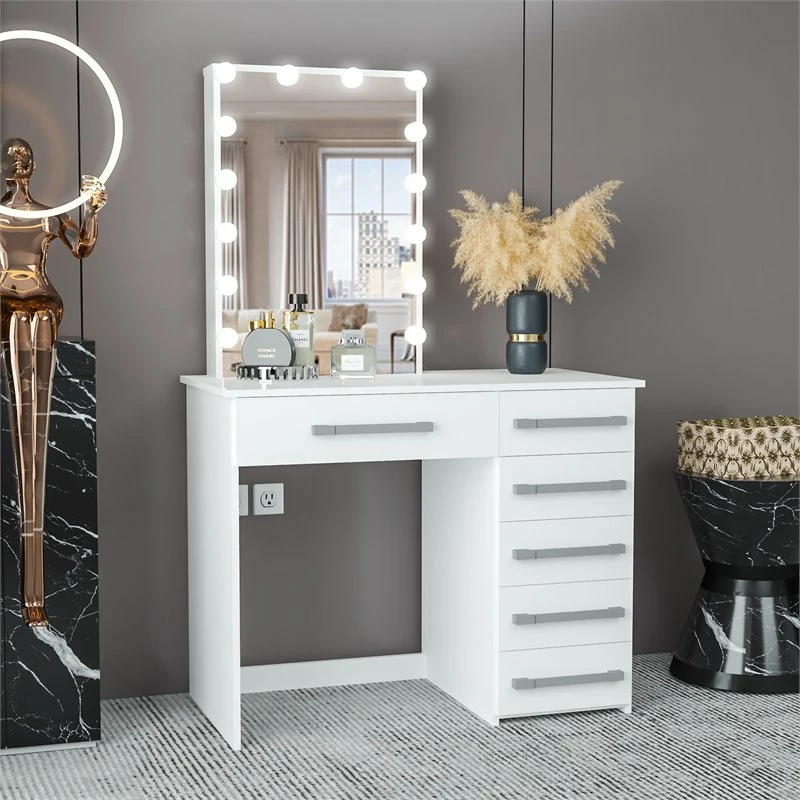 Best Pirce ๐งจ Boahaus Phoebe 6-Drawer Modern Wood Lighted Vanity With Mirror In White ๐ 4 Best Pirce ๐งจ Boahaus Phoebe 6-Drawer Modern Wood Lighted Vanity With Mirror In White ๐ - Image 2