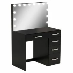 New ๐ฏ Boahaus Saranya 6-Drawer Modern Wood ๐ Dressing Table With Light Bulbs In Black ๐