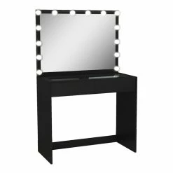 Promo 🎁 Boahaus Suri 2-Drawer Modern Wood Lighted Vanity Table With Glass Top In Black 🧨