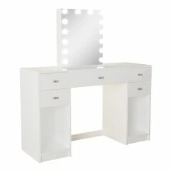 Hot Sale 🥰 Boahaus Thalia 5-Drawer Modern Wood Vanity With Light Bulbs And Mirror In White 🔔
