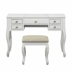 Budget 👍 Bowery Hill Furniture Wood Vanity Set With Stool And Mirror In White 🎁 -Living Room Sales Shop 2561461 1 L