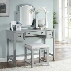Outlet ❤️ Bowery Hill Traditional Wooden Bedroom Vanity Desk In Gray Finish 😉 -Living Room Sales Shop 2576063 2 L